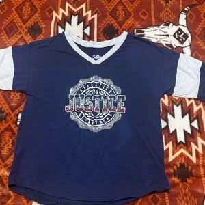 Justice Navy Short-Sleeve V-Neck Tee with White Sleeve Accents